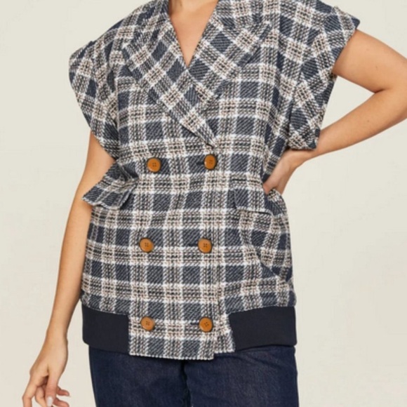 VERONICA BEARD Women's Enzo Dickey Double-Breasted Vest Size L in Plaid Blue - Picture 2 of 11